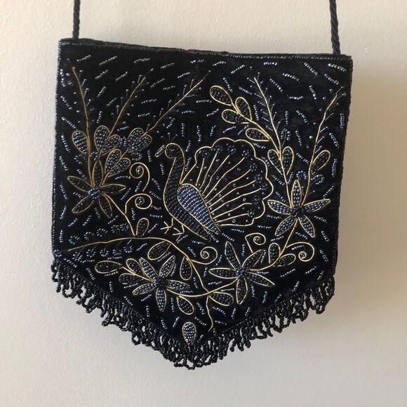 Beaded Peacock Bag Black/silver Gently Used - Picture 1 of 8